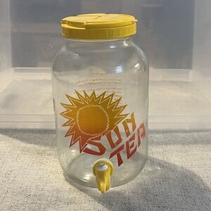 Vtg Sun Tea Jar Glass Bevrg Dispenser Yellow Spigot Flip Top Lid Handle Recipe